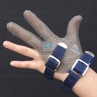 3101- Three Finger Stainless Steel Mesh Chainmail Glove With Textile Strap For Cut Resistant 
